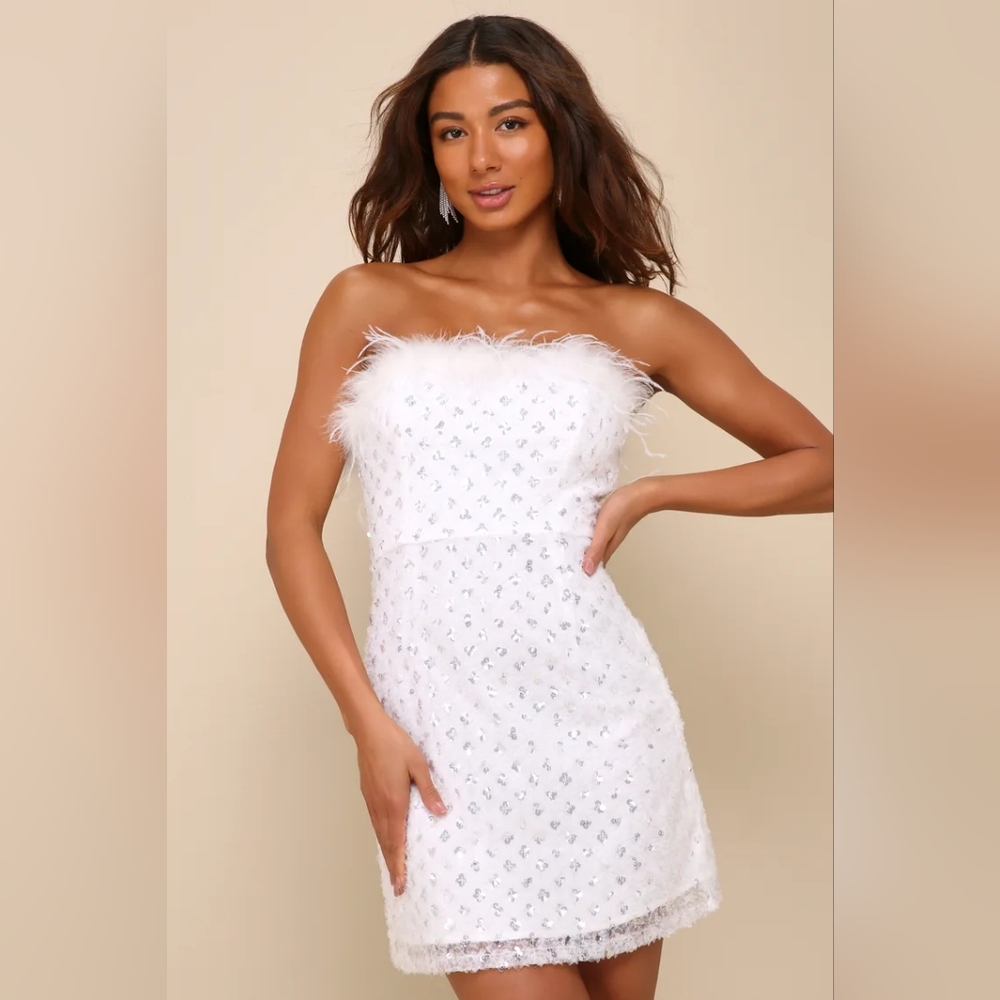 Lulus Sparkly Aura White Textured Sequin Feather Mini Dress XS